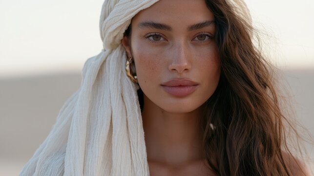 Young woman wearing headwrap facing camera in desert setting