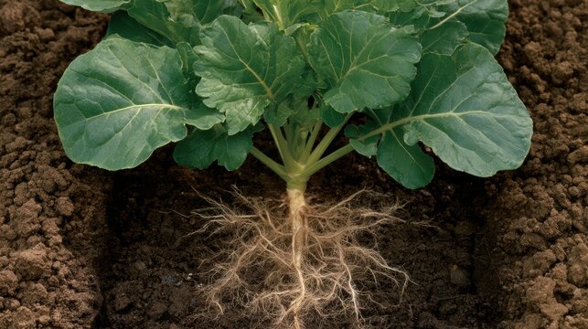 Young seedling showing fine roots developing in cultivated soil bed