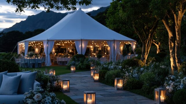 Circular tent lit with string lights beside lantern walkway