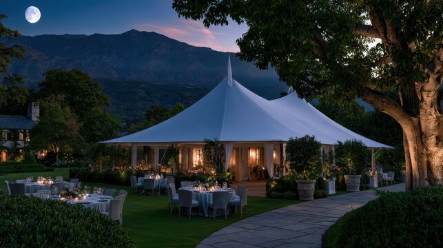 Large white tent set for outdoor dinner under moonlight