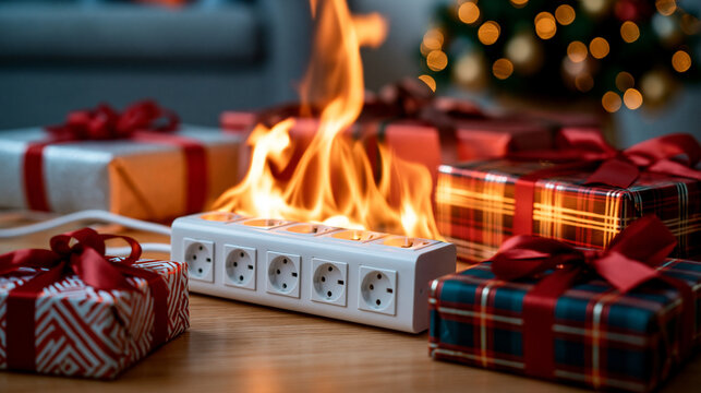 Electrical power strip on fire near wrapped holiday gifts for safety awareness poster and banner design