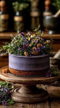 Layered cake topped with wildflowers on wooden stand rustic kitchen table