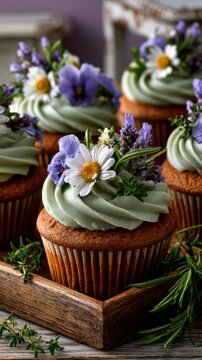 Cupcakes topped with edible flowers in wooden tray