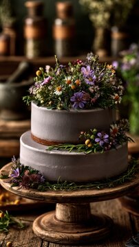 Two tier cake decorated with wildflowers on wooden stand