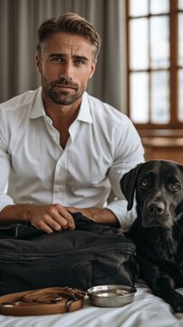 Man seated with black dog beside packed bag in room near window