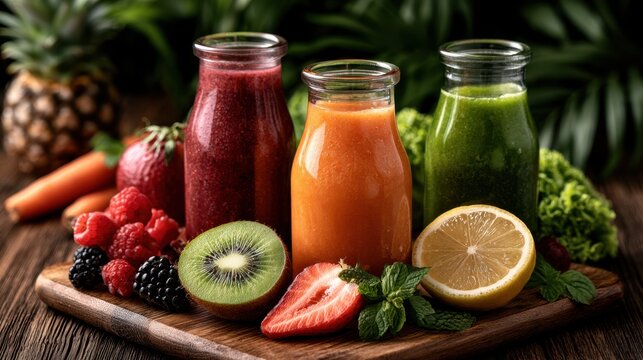 Three colorful fruit juices arranged with fresh fruit on board National Smoothie Day