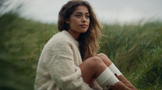 Young woman gazing while sitting in grassy coastal dunes