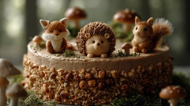 Hedgehog and fox and squirrel figurines on cake, mossy scene