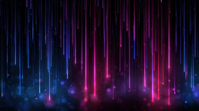 Neon light streaks descending over dark particle background