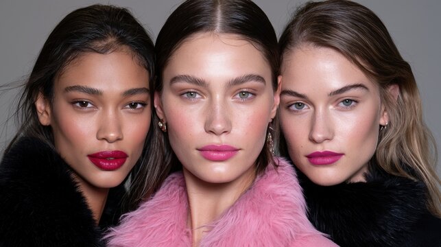 Three models clustered wearing coats in studio portrait