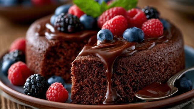 Slice of chocolate cake with berries and melting glaze