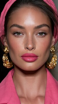Young woman portrait wearing pink headscarf and gold earrings