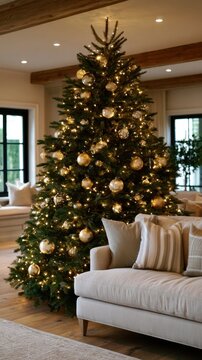 Decorated christmas tree beside sofa in warm living room