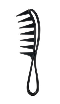 Black plastic hair pick comb with wide teeth and loop handle on a white background