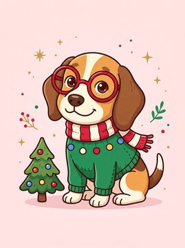 Cute puppy dog wearing glasses and christmas sweater next to a small pine tree