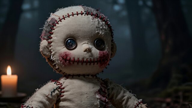 A handmade voodoo doll with button eyes and red stitching sits beside a flickering candle in a misty, shadowed woodland.