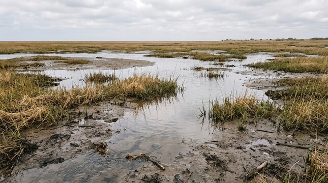  Vast Salt Marsh Wetland with Mud Flats and Golden Grass Under an Overcast Sky