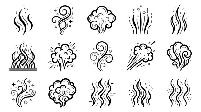 Steam and aroma line icons set showcasing rising vapor trails, smoke puff clouds and hot odor lines, concept for fragrance representation and freshness visual