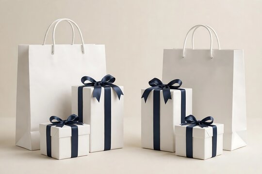 Two white shopping bags and four gift boxes with dark blue ribbons