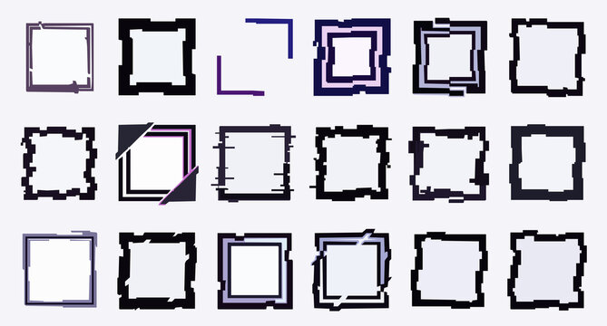 Abstract Glitch Square Frames Collection, Distorted Geometric Vector Borders for Posters