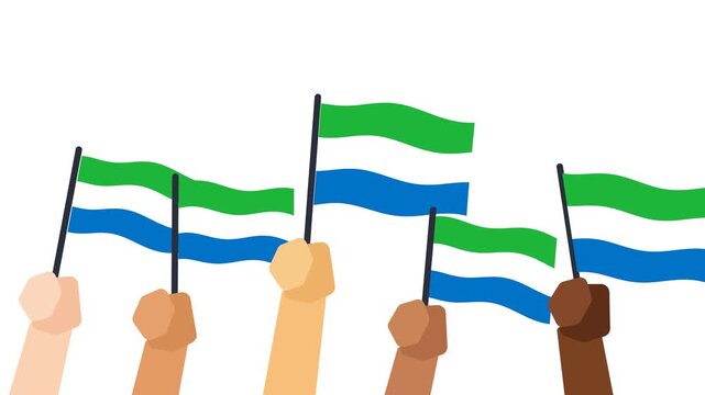 Sierra Leone flags waving in hands for Sierra Leonean national celebration animation on white background