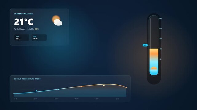 Modern weather temperature animation featuring a glowing digital thermometer, animated temperature scale, weather icons, and a dynamic temperature chart in a futuristic glassmorphism interface. Ideal