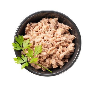 Canned tuna flakes in a bowl top view isolated on transparent background