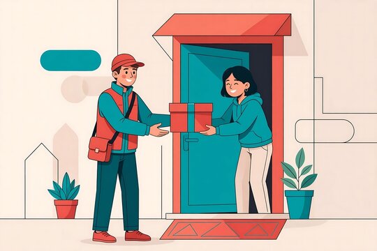 Delivery person handing a package to a happy customer at the front door