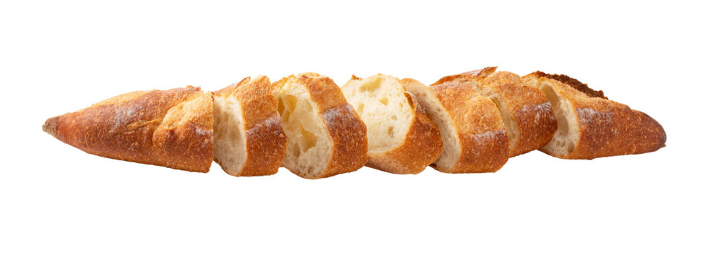 Sliced French baguette bread lined up horizontally isolated on transparent background