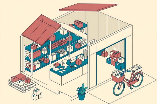 Isometric illustration of a small warehouse or shipping center with packages, shelves, and a delivery bicycle