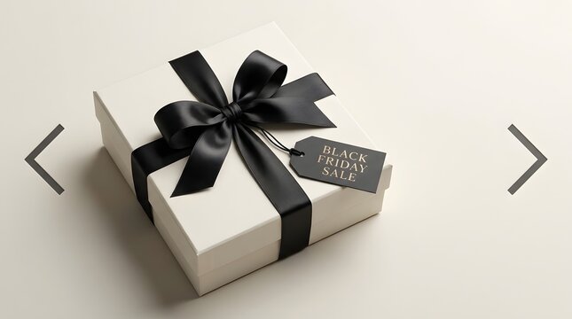 Elegant white gift box with a black ribbon and gift tag presented beautifully