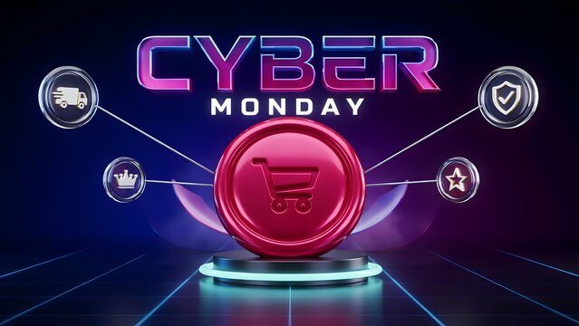 Cyber monday neon text with shopping cart icon and digital service