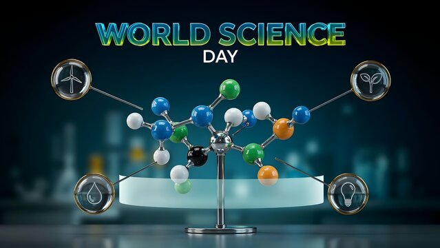 World science day text with colorful molecule model and sustainable