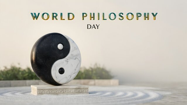 World philosophy day text with yin yang symbol on stone zen garden