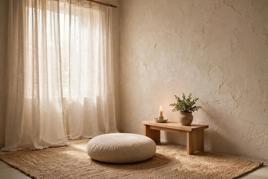 Zen meditation corner with floor cushion wooden bench candle and soft natural light