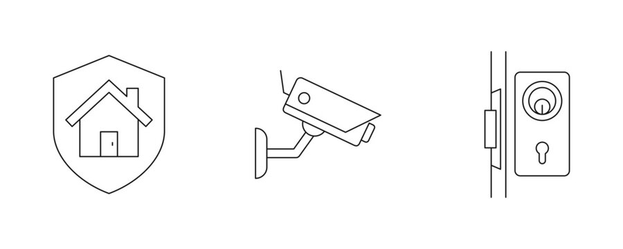 Home security line icon set. House protection shield, cctv surveillance camera and door lock hardware symbols. scalable stroke vector