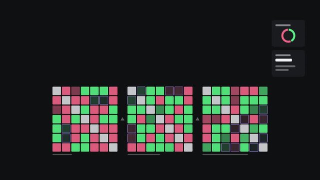 Animated correlation heat grid sign switching drawn as a clean dark mode trading dashboard in teal and cyan. Smooth 4K seamless loop with blank data panels and room for text. Widescreen 16:9 footage f
