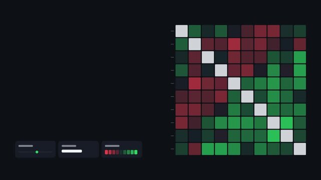 Seamless 4K looping finance animation: correlation matrix view wave update. Flat vector trading terminal with grid, axis ticks and blank readout cards in deep blue on a deep dark background, leaving c