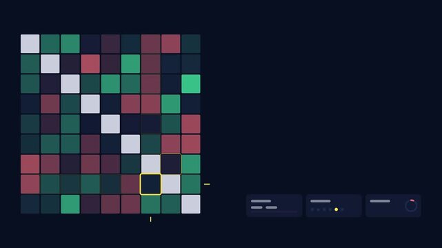 Seamless 4K looping finance animation: pairwise matrix view jumping pair. Flat vector trading terminal with grid, axis ticks and blank readout cards in deep blue on a deep dark background, leaving cop