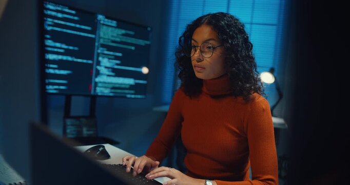 Group Adult male, female freelance typing write prompt AI bot IT app smart program nomad, video game, terminal with coding language, designer, big data center on desktop computer in office at night.