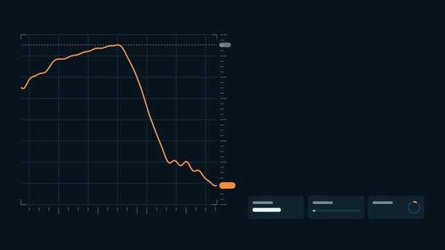 Seamless 4K looping finance animation: equity curve chart scrolling sideways. Flat vector trading terminal with grid, axis ticks and blank readout cards in deep blue on a deep dark background, leaving