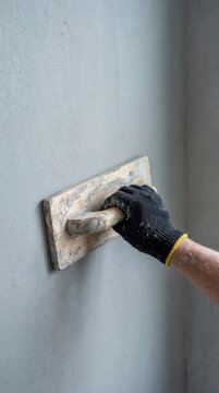 Worker in black glove uses a putty knife to smooth plaster on a light gray wall during construction or renovation work.