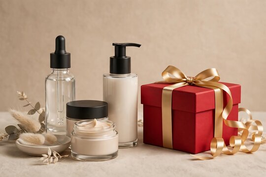 Skincare products with a red gift box and gold ribbon on a neutral background