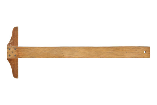 Old wooden T-square, a classic drafting tool with visible wear and tear, isolated on a clean white background