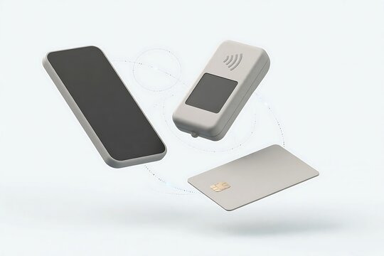 Digital payment concept with smartphone, credit card and contactless payment terminal isolated on white background