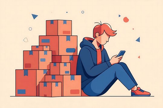 Young man sitting on the floor using a smartphone next to a stack of cardboard boxes