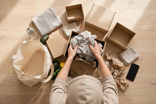 Person packing clothes and sustainable items into cardboard boxes on a wooden floor, top view