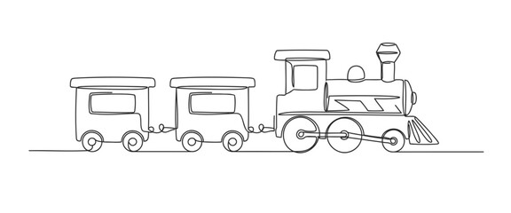Vintage steam locomotive train with passenger carriages in a single continuous line art style © Stockline