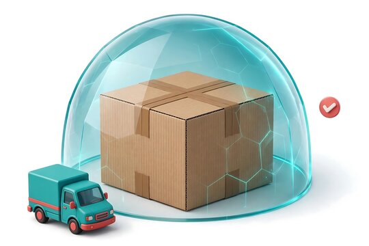 Cardboard box protected by a digital shield dome with a delivery truck, concept of secure shipping and safe delivery