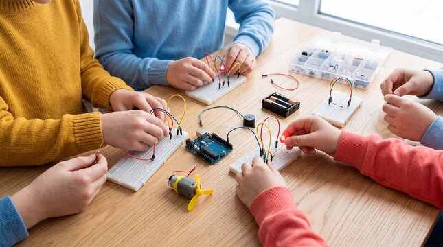Children in colorful sweaters work together on an electronics project at a wooden table, assembling circuits with breadboards, wires, and a microcontroller in a bright, naturally-lit workspace.